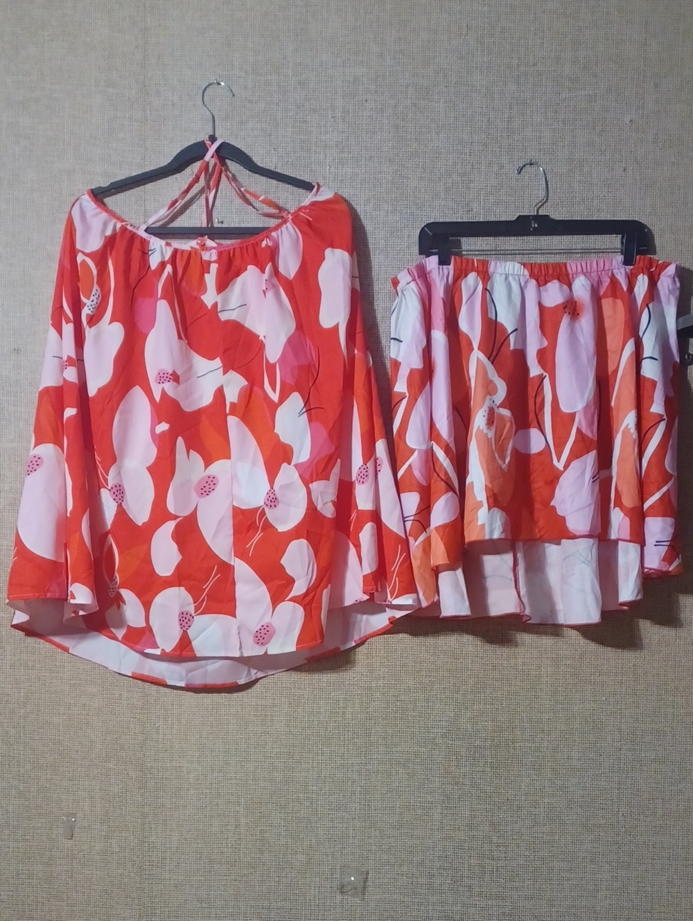 Floral High-Low Skirt Set in Bold Red and Pink